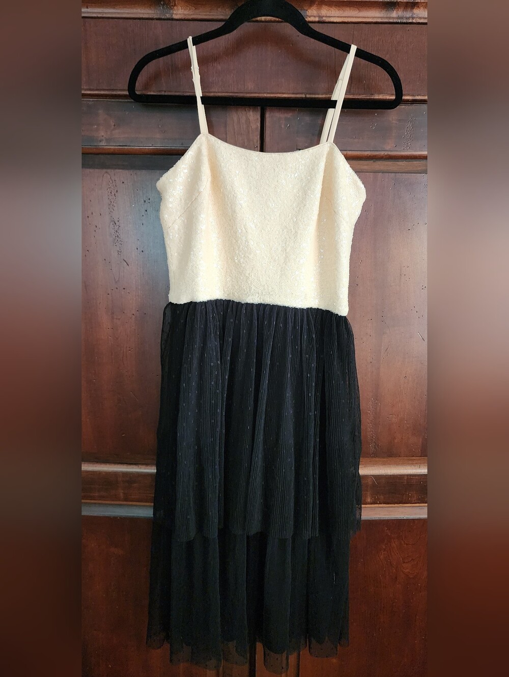 Dress The PopuIation Adjustable Strap Sequin Bodice Tiered Swiss Dot Skirt